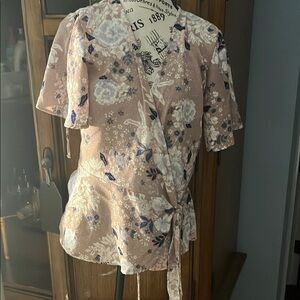 Cream Short Sleeve Wrap Blouse with Tie Front